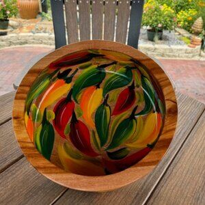Handcrafted Wood Bowl with Hand Painted Red Yellow and Green Peppers